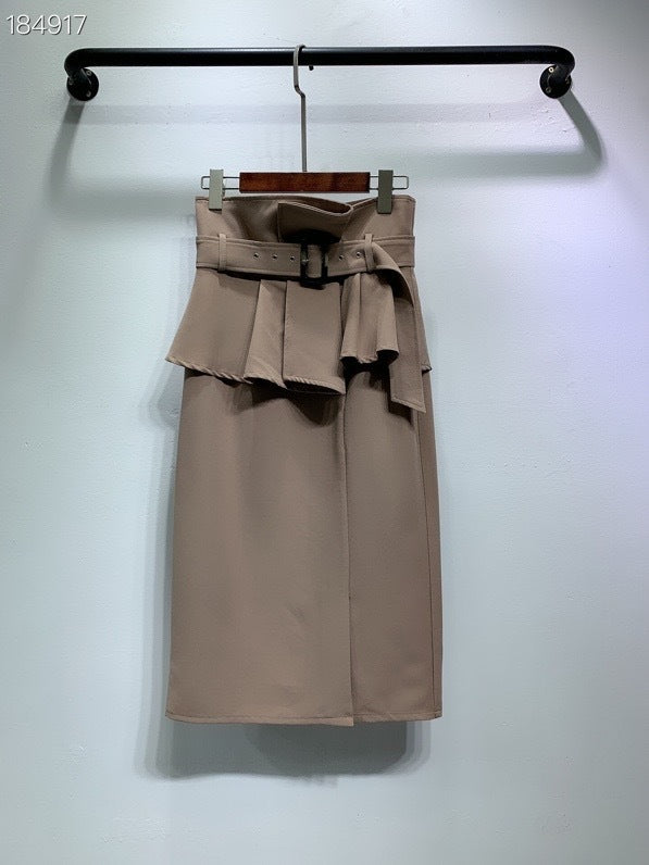 Temperament Solid Color High-waisted Belt Modified Pleated Ruffled Slim And Elegant Skirt