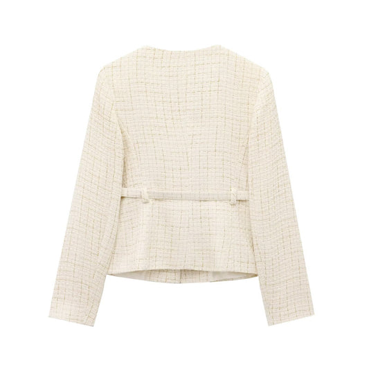 Round Neck Long Sleeve Belt Texture Casual Coat