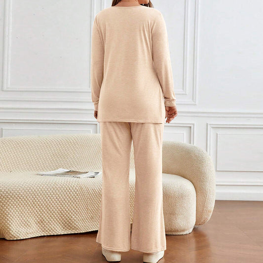 Split Long Sleeve T-shirt Top Wide Leg Trousers Suit