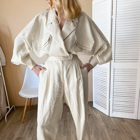 Loose solid color cotton linen suit