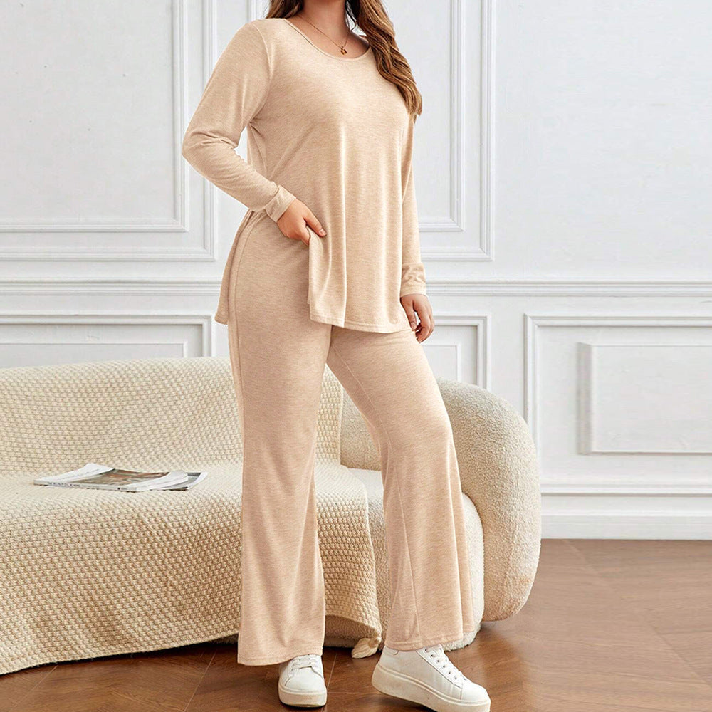 Split Long Sleeve T-shirt Top Wide Leg Trousers Suit