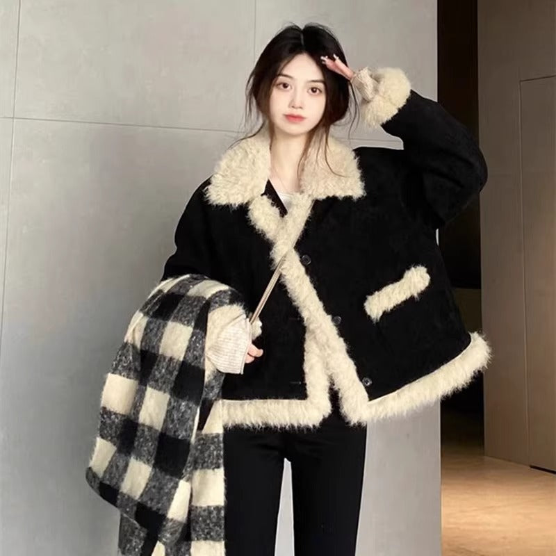 Lamb Wool Coat Women's Black Long Sleeve