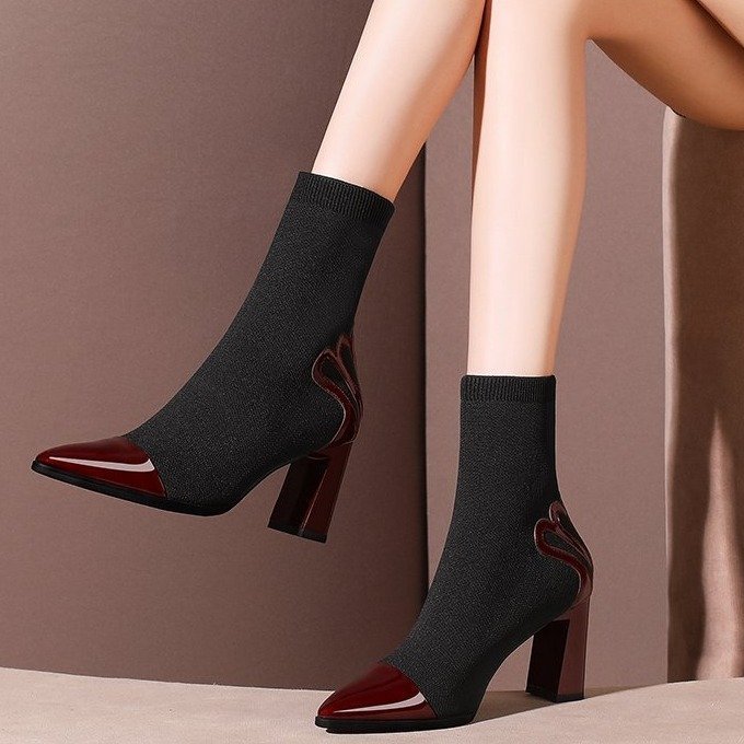Children's thick heel socks boots pointed toe boots all-match high heel elastic boots