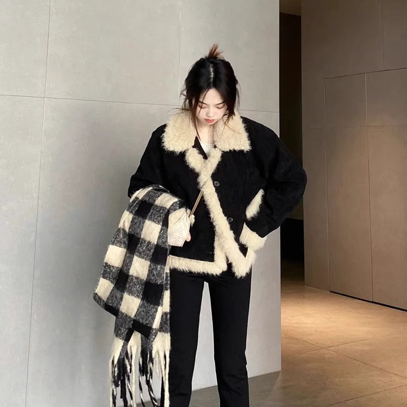 Lamb Wool Coat Women's Black Long Sleeve