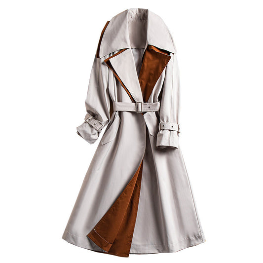 Loose Colorblock Temperament British Style Over-the-knee Coat