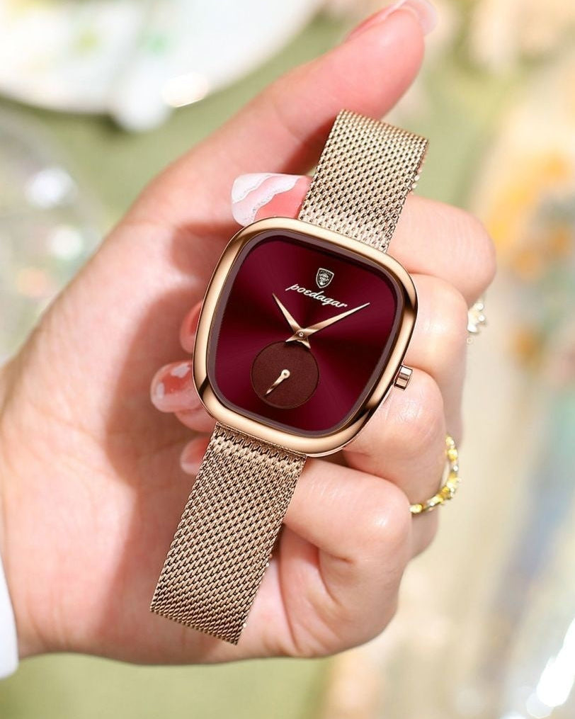 Poedagar Burgundy Mesh Watch – LUXE Edition
