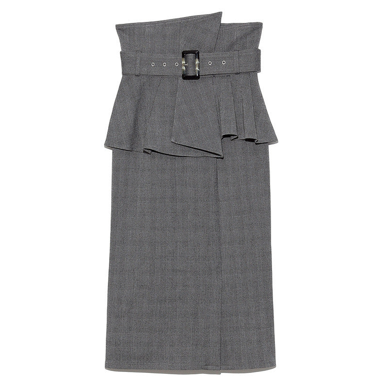 Temperament Solid Color High-waisted Belt Modified Pleated Ruffled Slim And Elegant Skirt