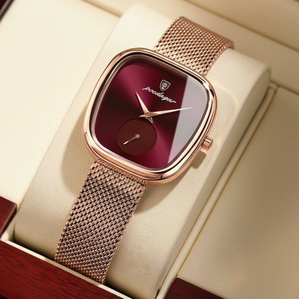 Poedagar Burgundy Mesh Watch – LUXE Edition