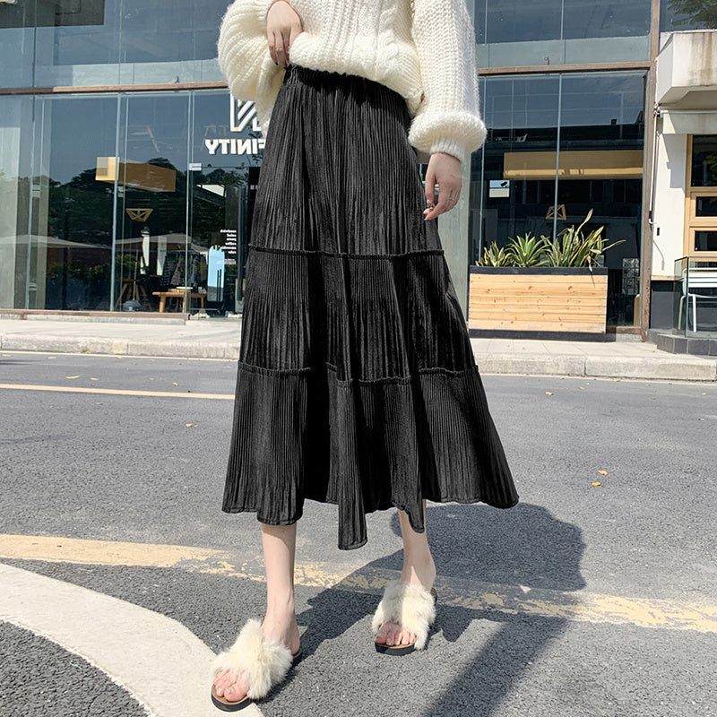 Small Elastic Waist A-line Corduroy Pleated Skirt