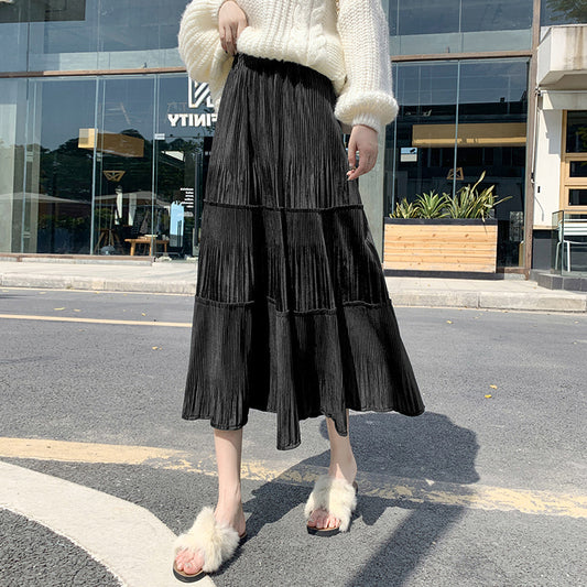 Small Elastic Waist A-line Corduroy Pleated Skirt
