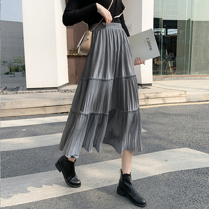 Small Elastic Waist A-line Corduroy Pleated Skirt