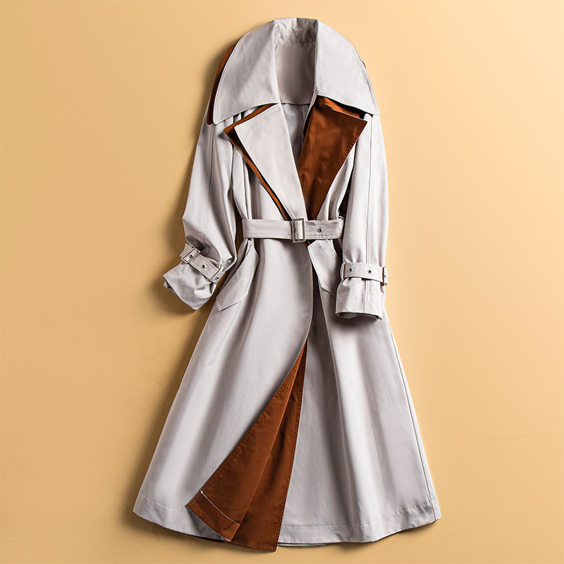 Loose Colorblock Temperament British Style Over-the-knee Coat