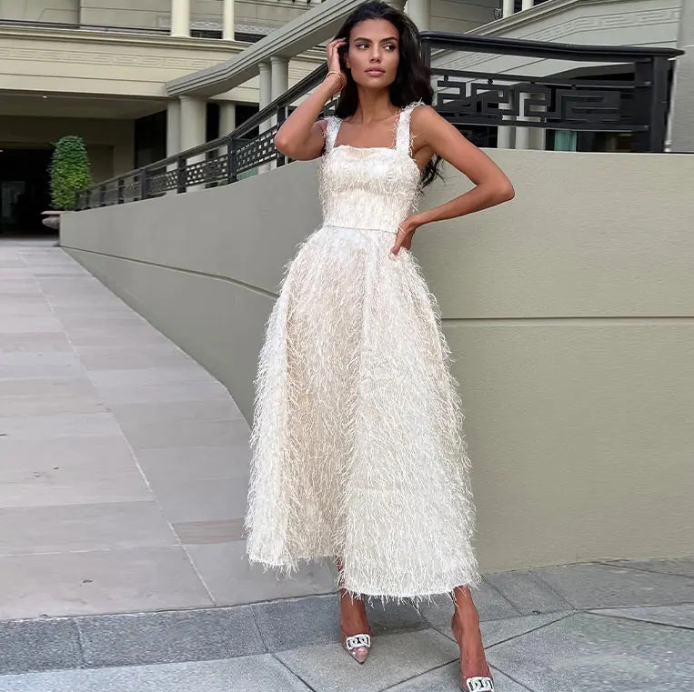 Celeste Feathered Midi Dress – LUXE Edition