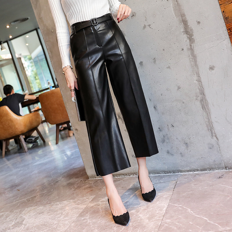 New Spring Women's PU Leather Pants With Belt High Waist Artificial