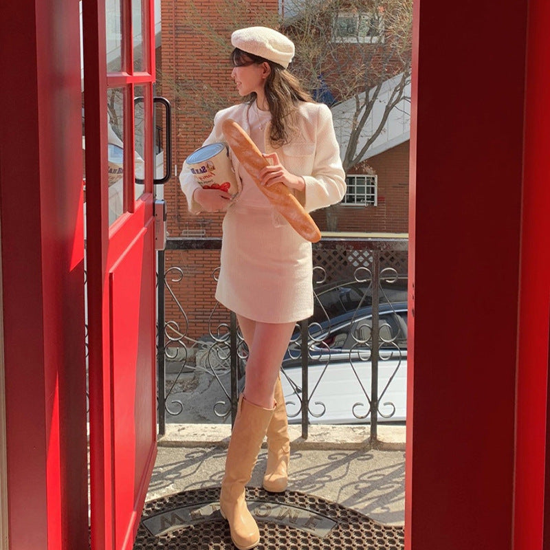 French Elegant And Gentle Heart Button Tweed Short-sleeved A-line Skirt Suit