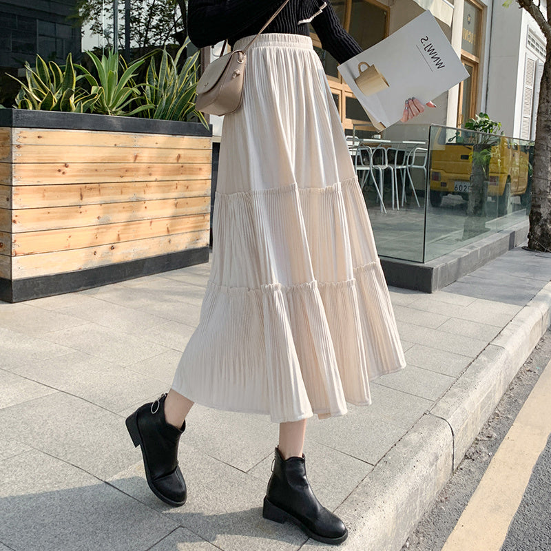 Small Elastic Waist A-line Corduroy Pleated Skirt