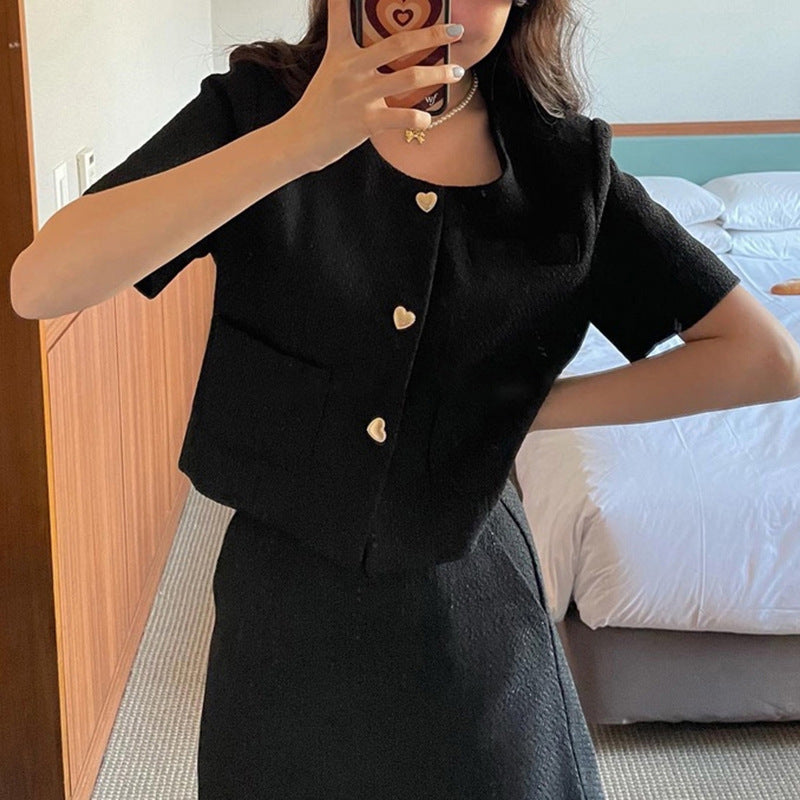 French Elegant And Gentle Heart Button Tweed Short-sleeved A-line Skirt Suit