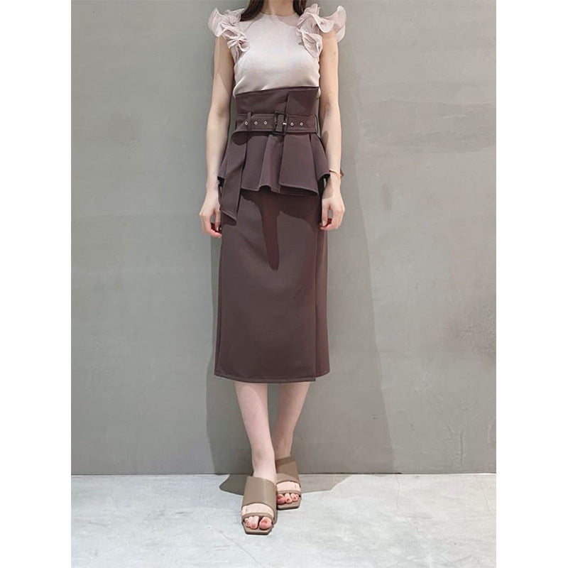 Temperament Solid Color High-waisted Belt Modified Pleated Ruffled Slim And Elegant Skirt