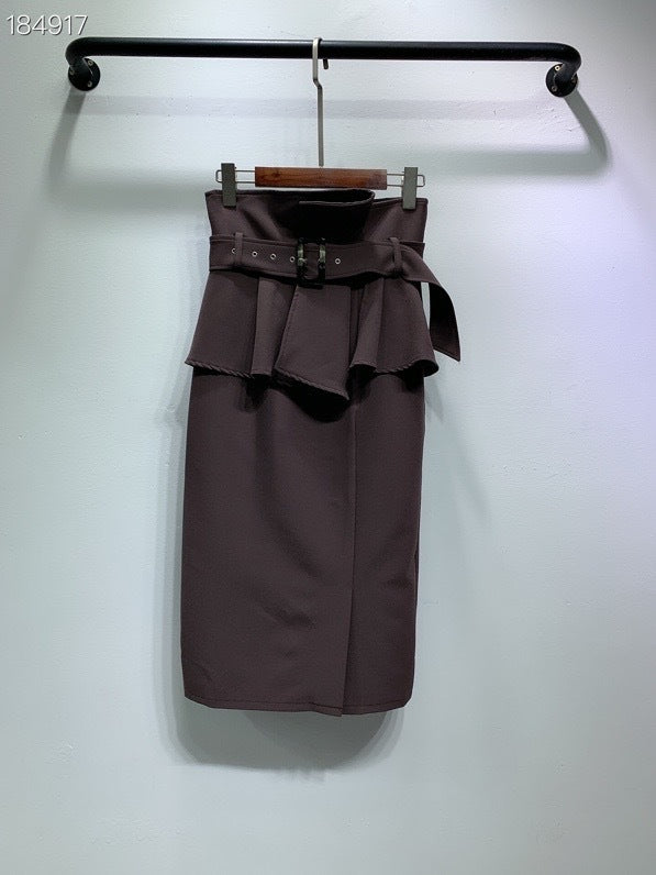 Temperament Solid Color High-waisted Belt Modified Pleated Ruffled Slim And Elegant Skirt