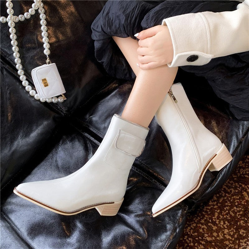 Pointed Thick Heel Fashion Zipper Bag Short Boots Casual Retro Martin Boots Single Boots