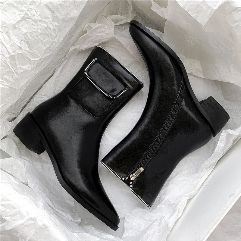 Pointed Thick Heel Fashion Zipper Bag Short Boots Casual Retro Martin Boots Single Boots