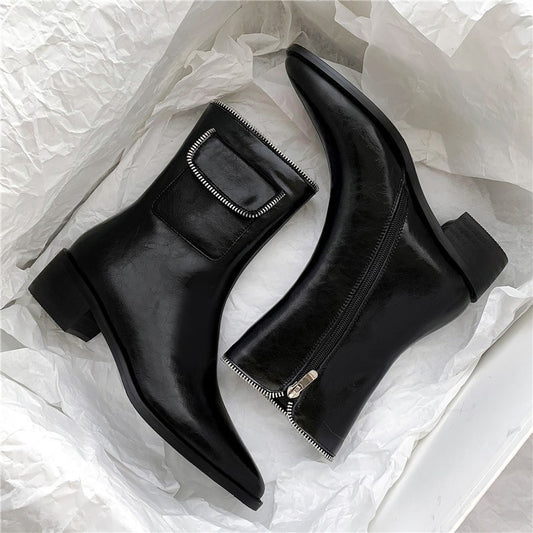 Pointed Thick Heel Fashion Zipper Bag Short Boots Casual Retro Martin Boots Single Boots