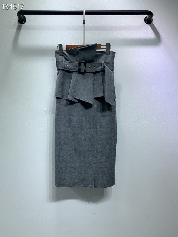 Temperament Solid Color High-waisted Belt Modified Pleated Ruffled Slim And Elegant Skirt