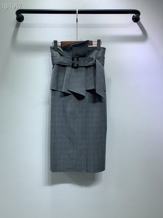 Temperament Solid Color High-waisted Belt Modified Pleated Ruffled Slim And Elegant Skirt