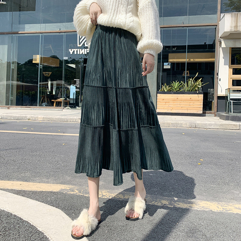 Small Elastic Waist A-line Corduroy Pleated Skirt