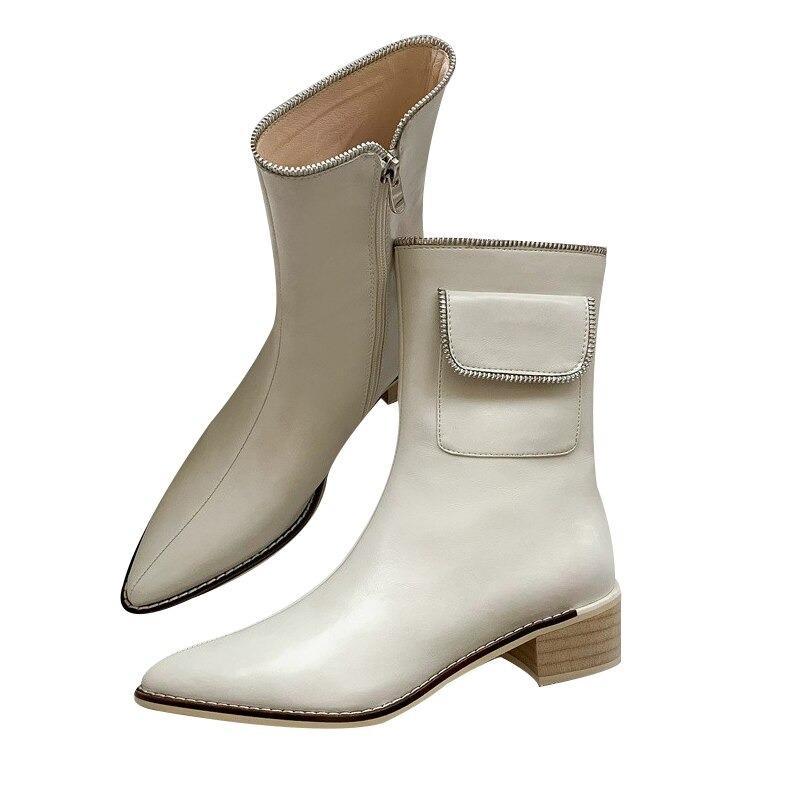 Pointed Thick Heel Fashion Zipper Bag Short Boots Casual Retro Martin Boots Single Boots