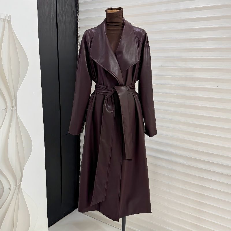 Lapel Mid-length Leather Coat Women