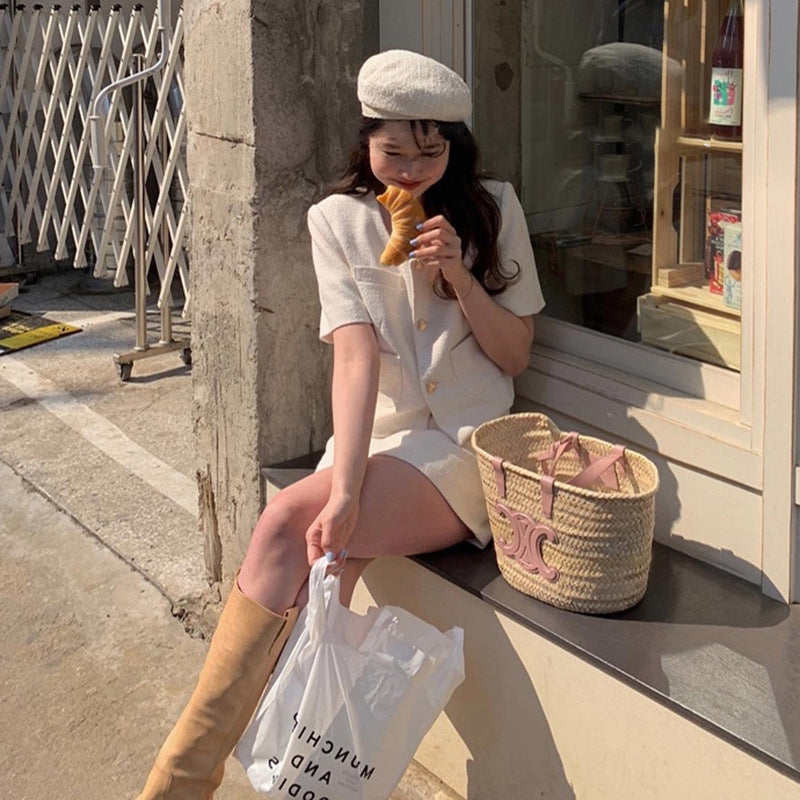 French Elegant And Gentle Heart Button Tweed Short-sleeved A-line Skirt Suit