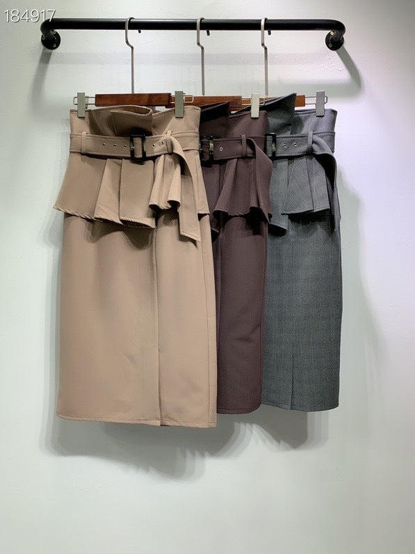 Temperament Solid Color High-waisted Belt Modified Pleated Ruffled Slim And Elegant Skirt