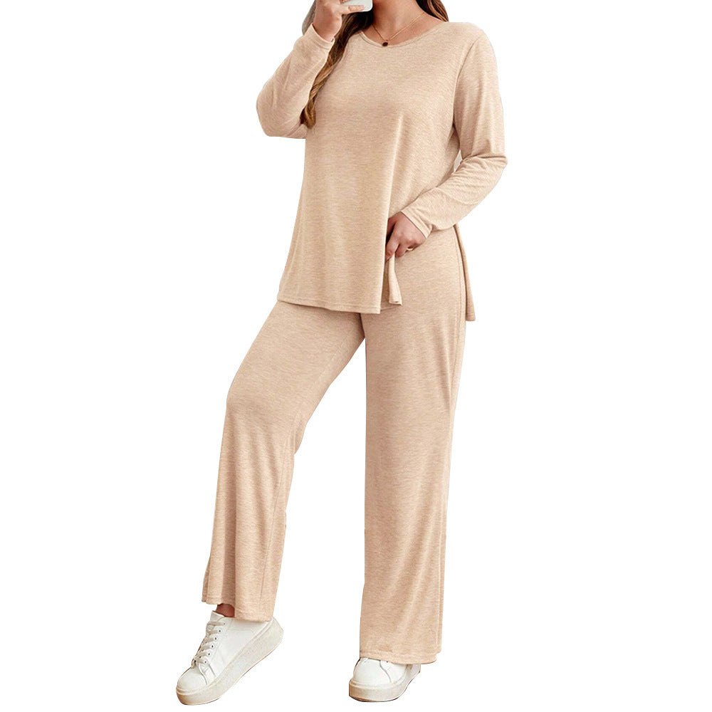 Split Long Sleeve T-shirt Top Wide Leg Trousers Suit