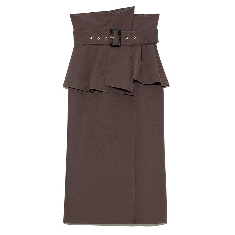 Temperament Solid Color High-waisted Belt Modified Pleated Ruffled Slim And Elegant Skirt