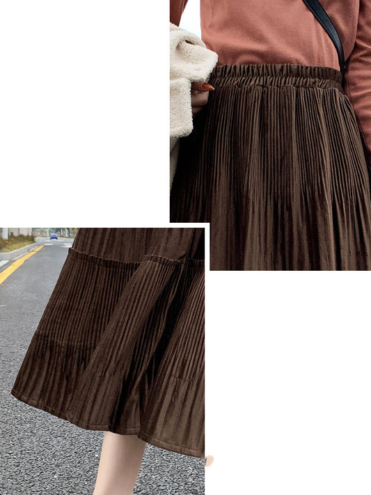 Small Elastic Waist A-line Corduroy Pleated Skirt