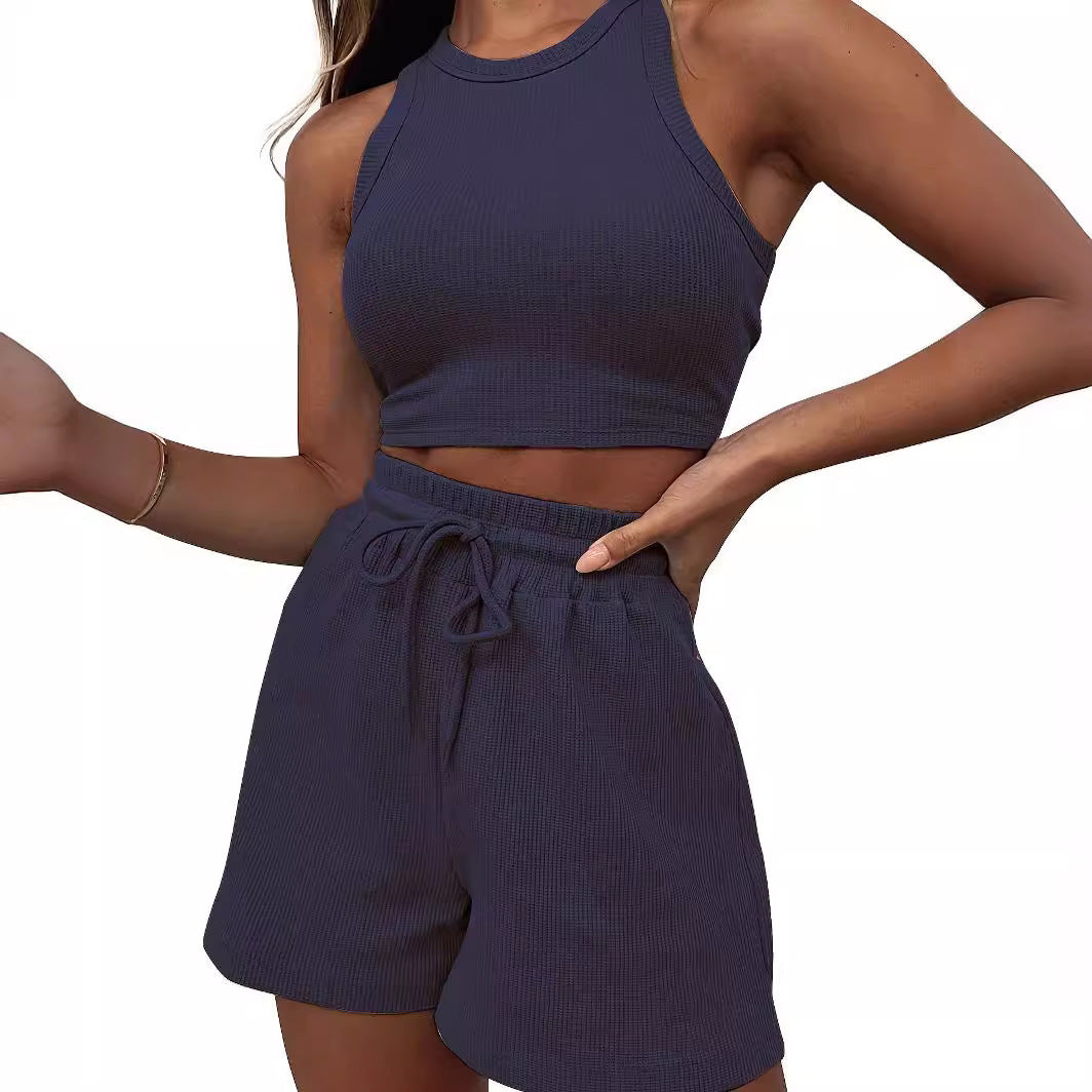 Sleeveless Waffle Suit Solid Color Vest Fashion Casual Shorts