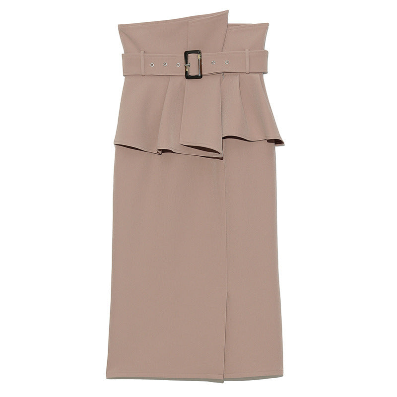 Temperament Solid Color High-waisted Belt Modified Pleated Ruffled Slim And Elegant Skirt