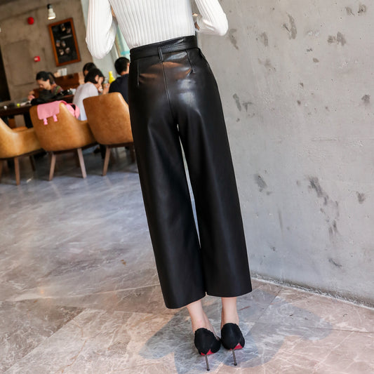 New Spring Women's PU Leather Pants With Belt High Waist Artificial