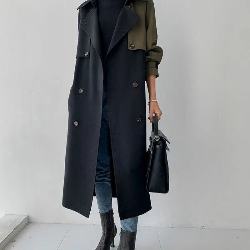 Contrast Stitching Mid-length Loose Double-breasted Jacket Tooling Jacket Trench Coat
