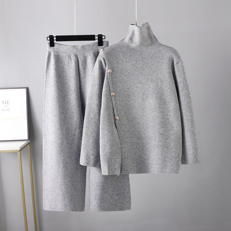 Niche Stand Collar Slit Knitted Turtleneck Sweater Wide Leg Pants Two-piece Set
